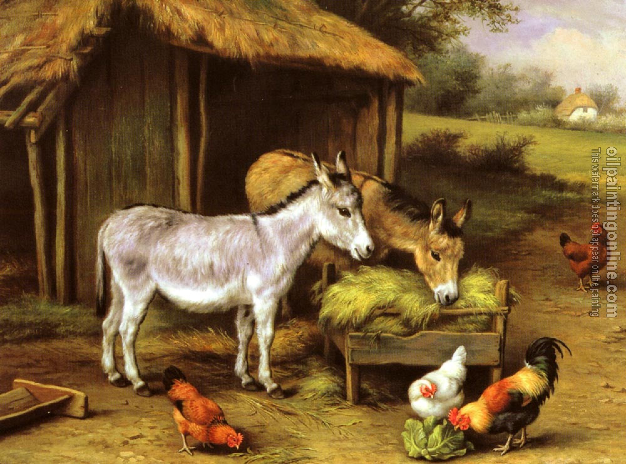 Edgar Hunt - Chickens And Donkeys Feeding Outside A Barn